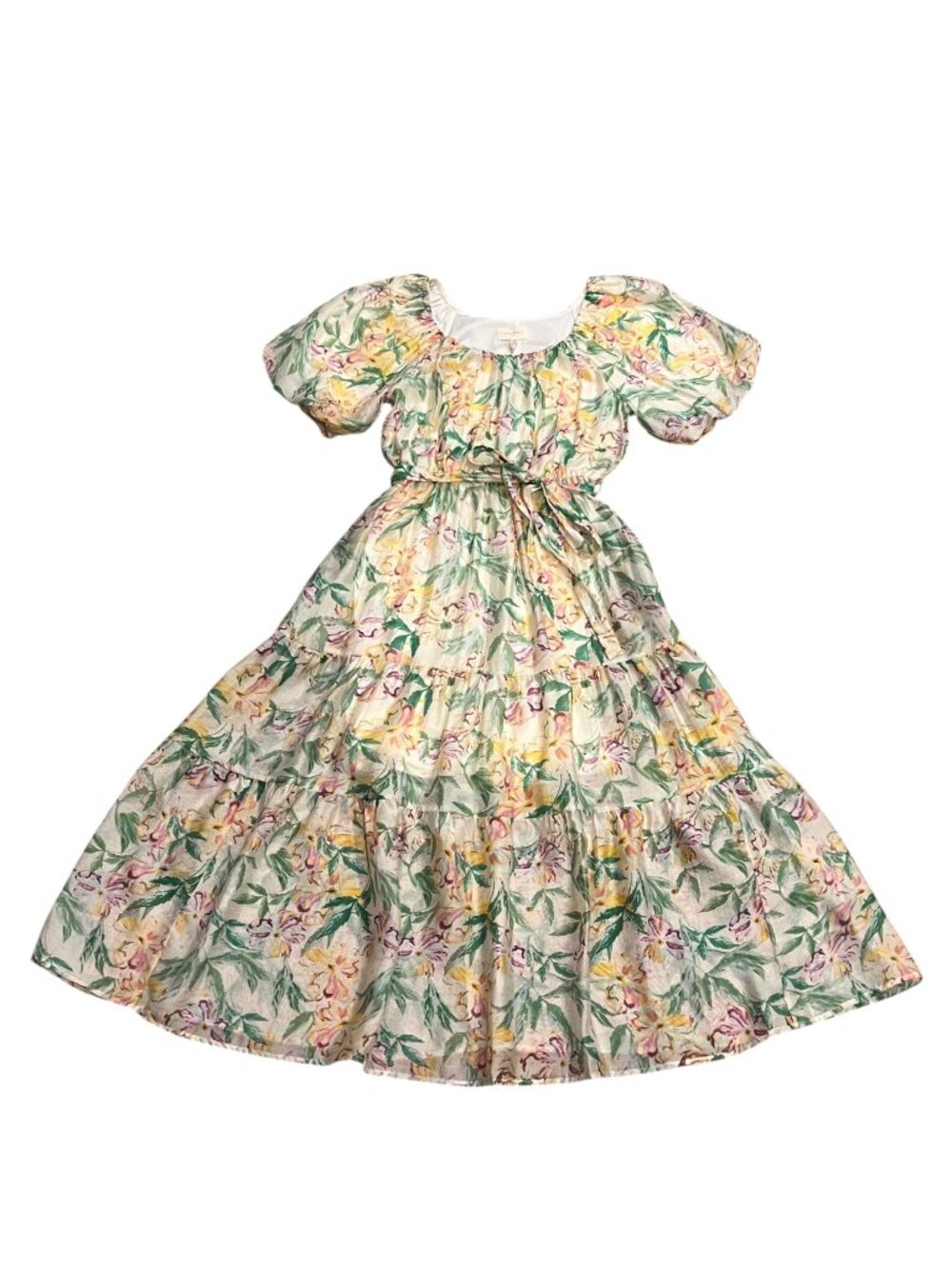 Melloday Floral Puff Sleeve Tiered Midi Dress, Pockets, NWT, Ivory, S